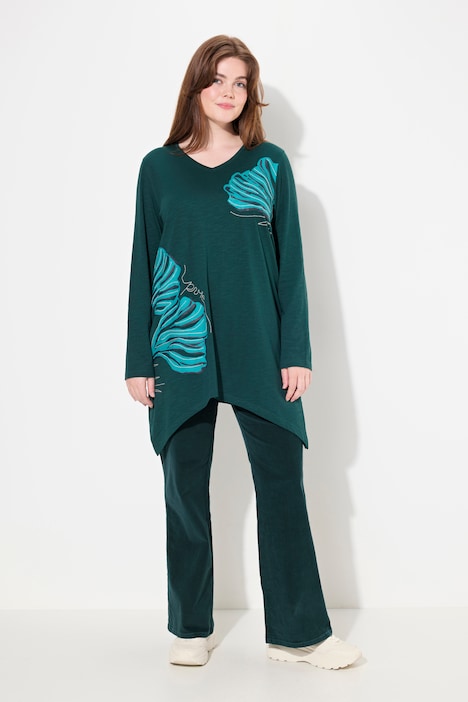 Longshirt, Blätter, V-Ausschnitt, Langarm, Biobaumwolle