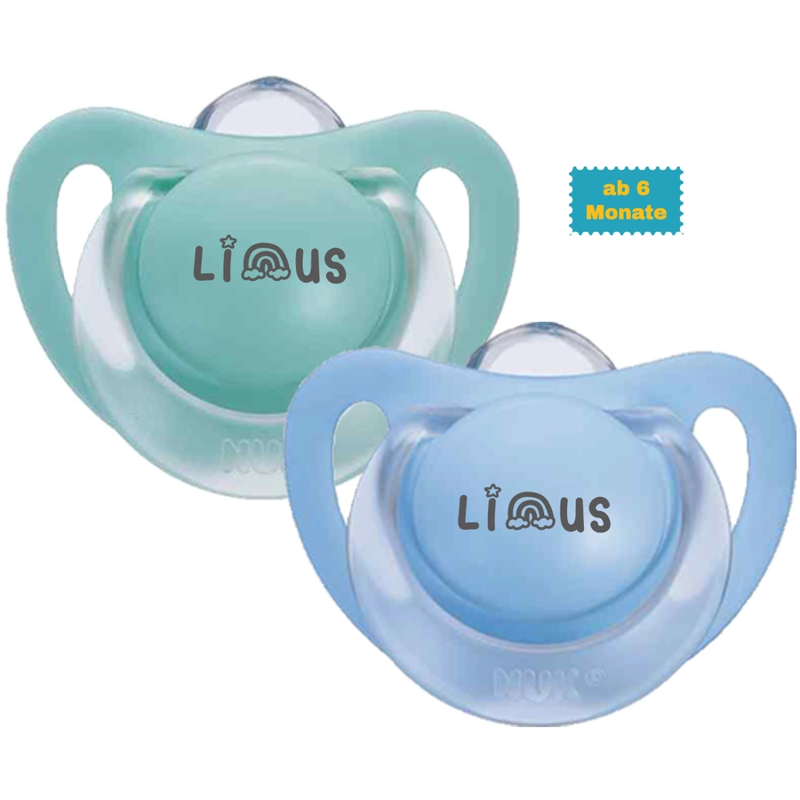 Schnullireich Schnuller mit Namen  Namensschnuller NUK Starlight Rainbow – 2er Set (Junge) Blau