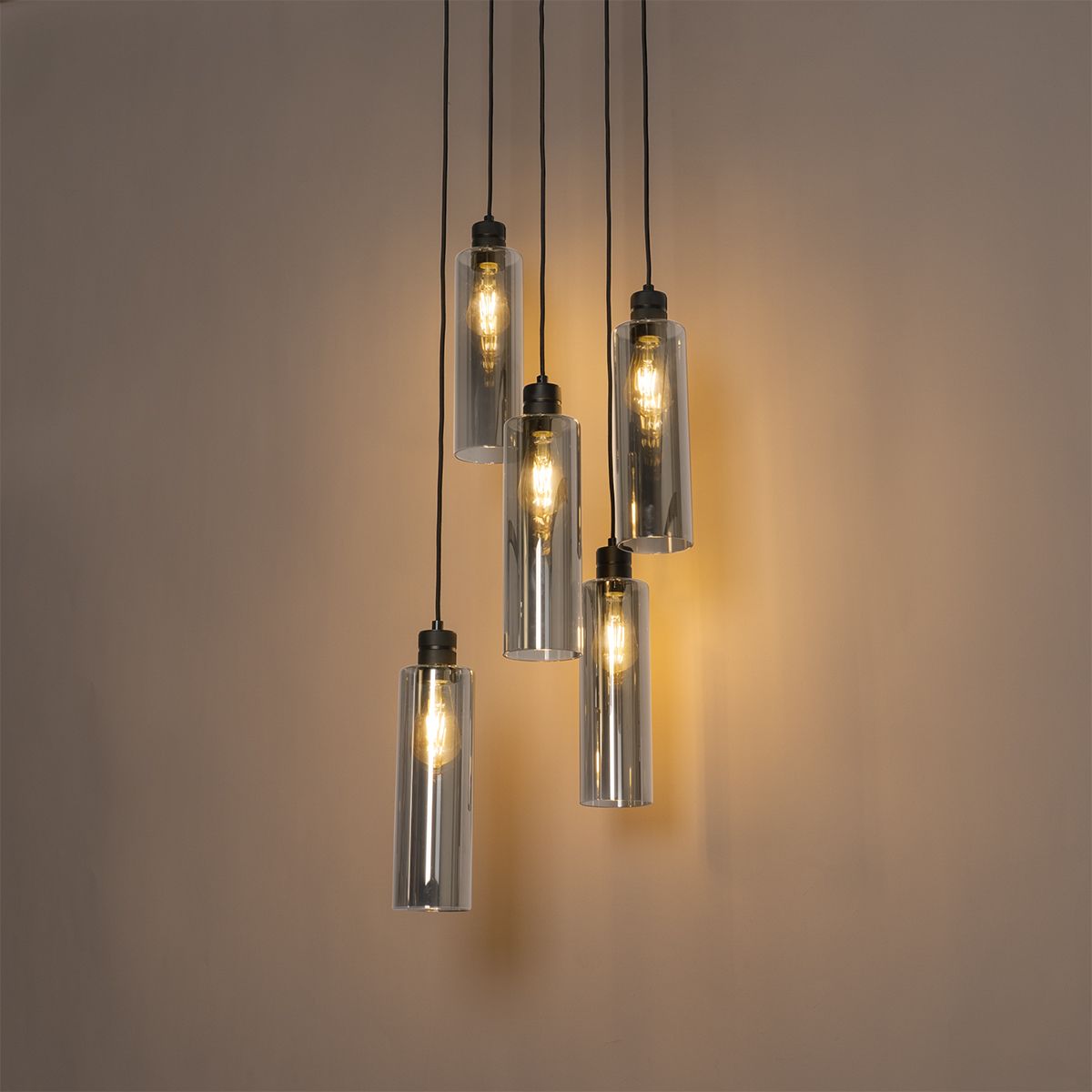 Moderne hanglamp zwart met smoke glas 5-lichts - Stavelot