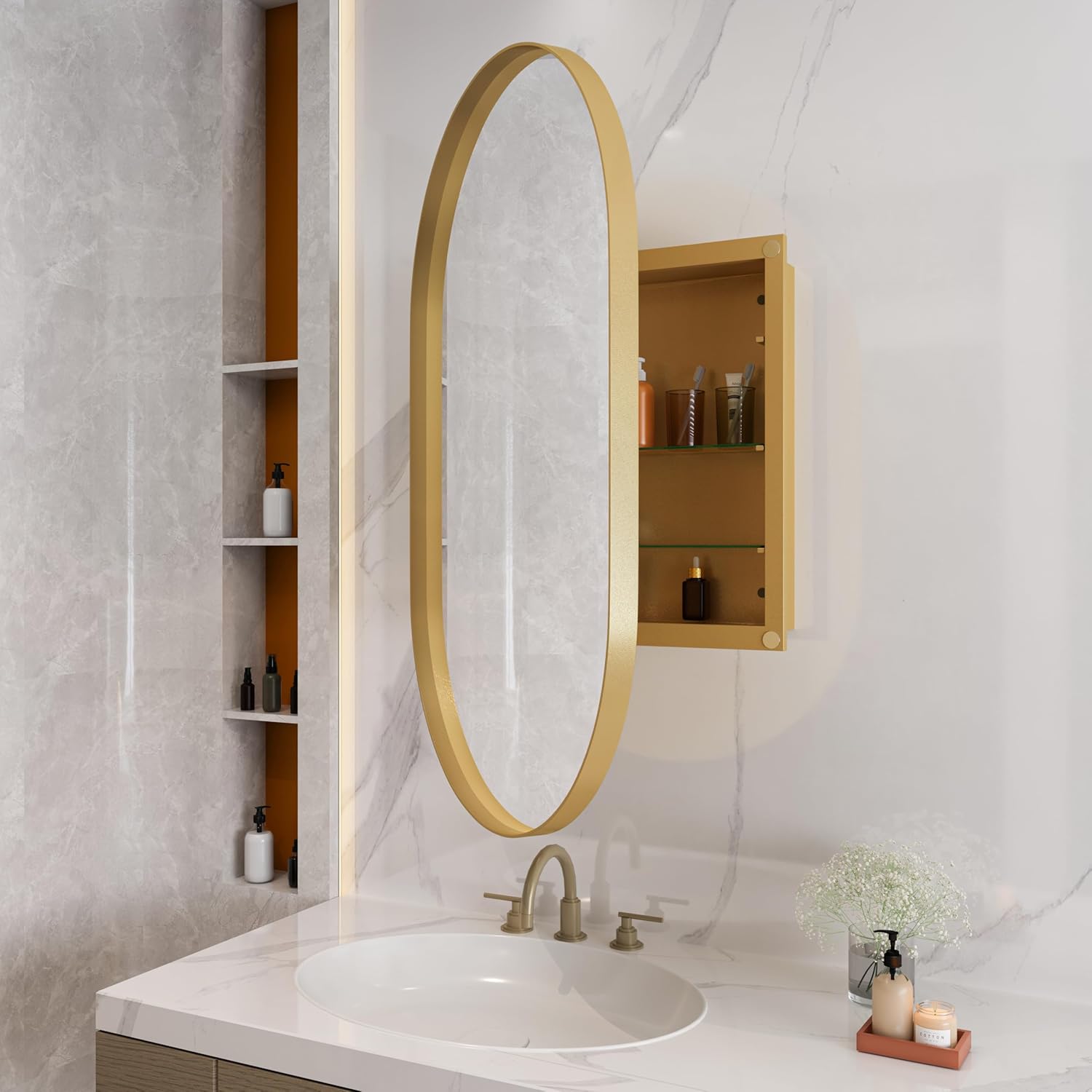 Stylish Oval Mirror Cabinet, Recessed Medicine Cabinet, Wall Cabinet with Metal Framed, Mirror and Adjustable Shelves, Mirror Cabinet with Storage for Bathroom, Living Room and Bedroom, Gold