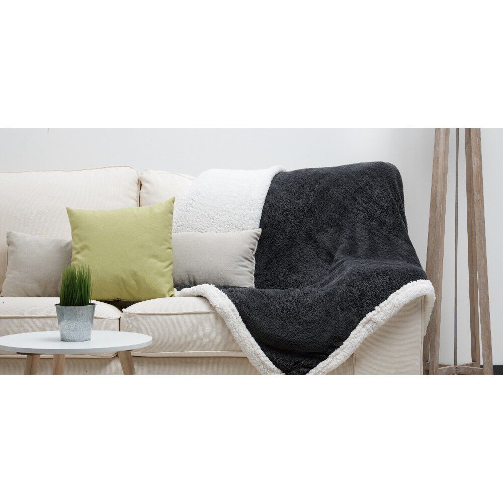 Plaid polaire réversible imitation fourrure gris foncé et blanc