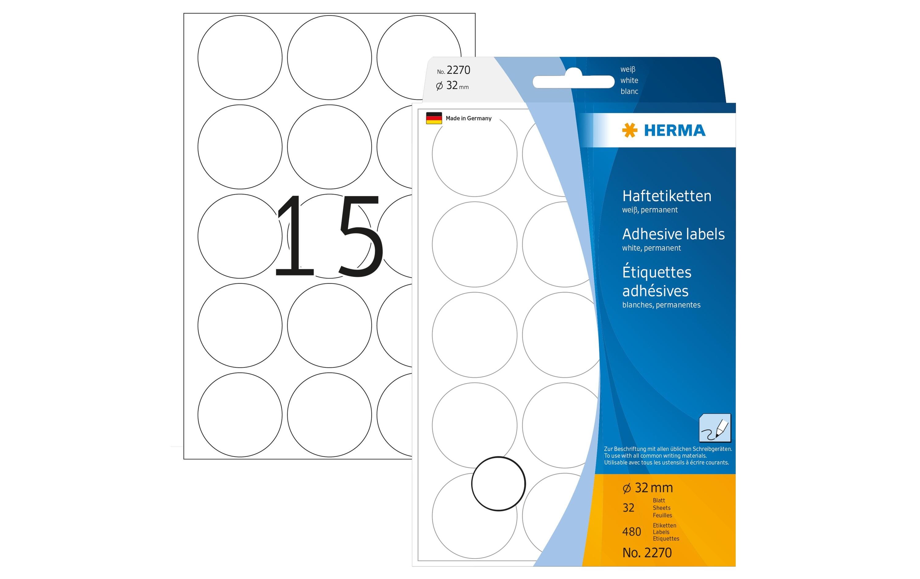 Vielzweck-Etiketten 2270 Weiss Ø 32 mm, 32 BlattSelbstklebende Markierungspunkte