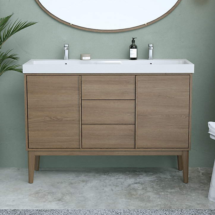 Ensemble meuble sous vasque placage bois Kabayan + plan double vasque résine blanc Mila l.120 cm