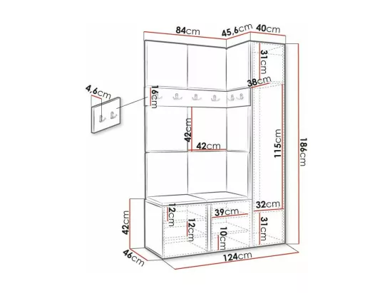 Meuble d'entrée Hartford 277, 186x124x46cm, Miroir, Graphite, Tapisserie|Stratifié