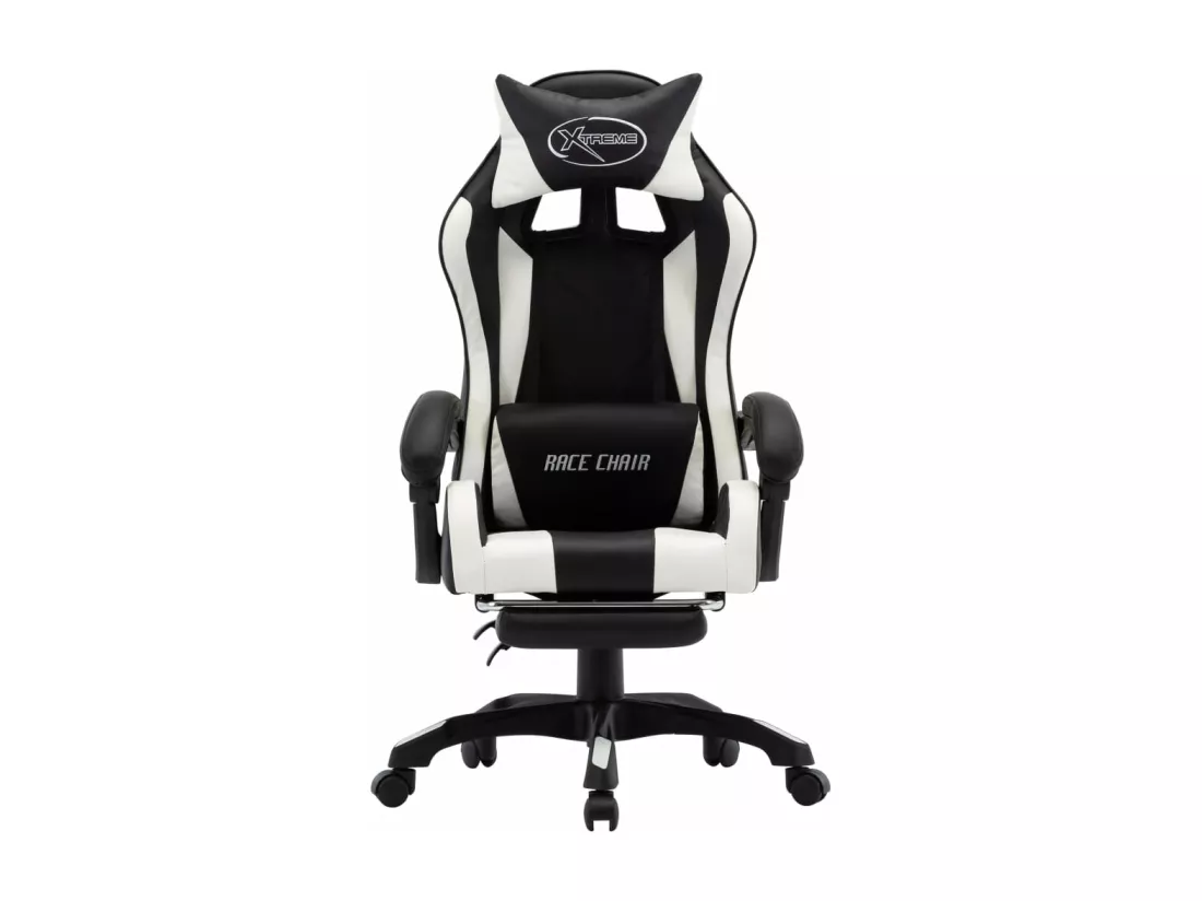 Fauteuil de jeux vidéo et repose-pied Blanc et noir Similicuir