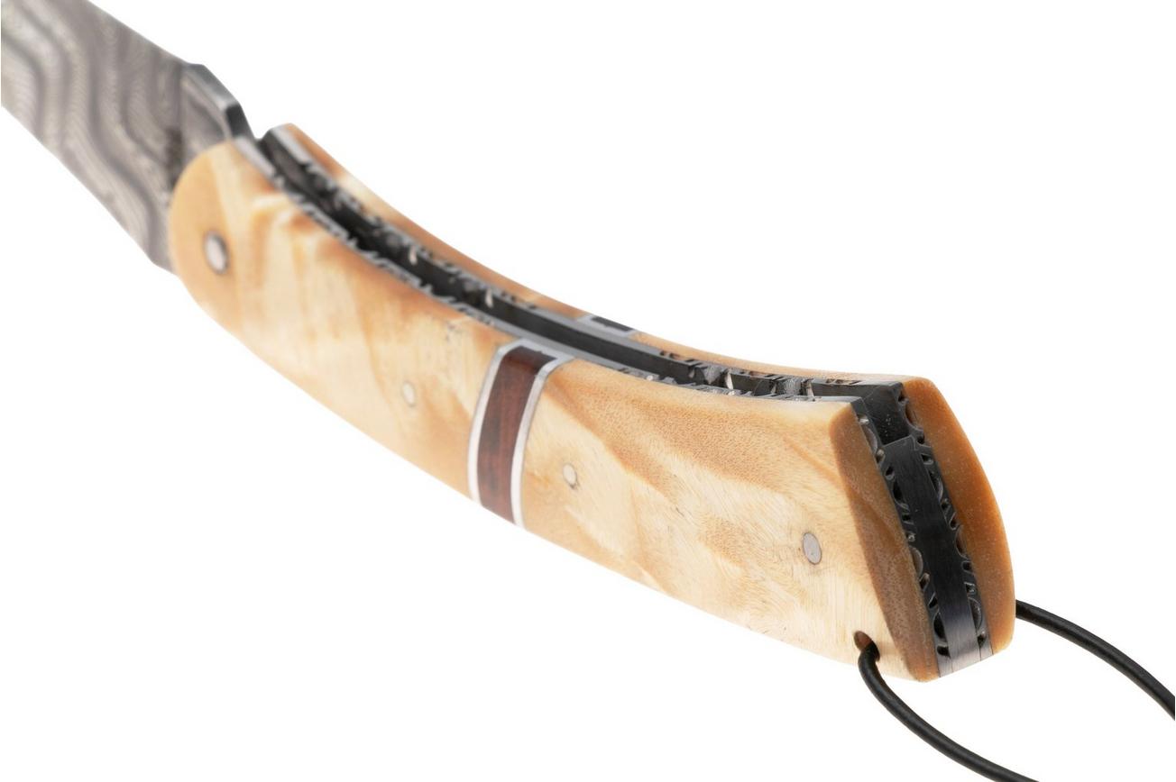 Laguiole en Aubrac Camembert Knife Poplar Wood, Amourrete Inlay, Balbach Damascus, handgevijld, zakmes, 11 cm