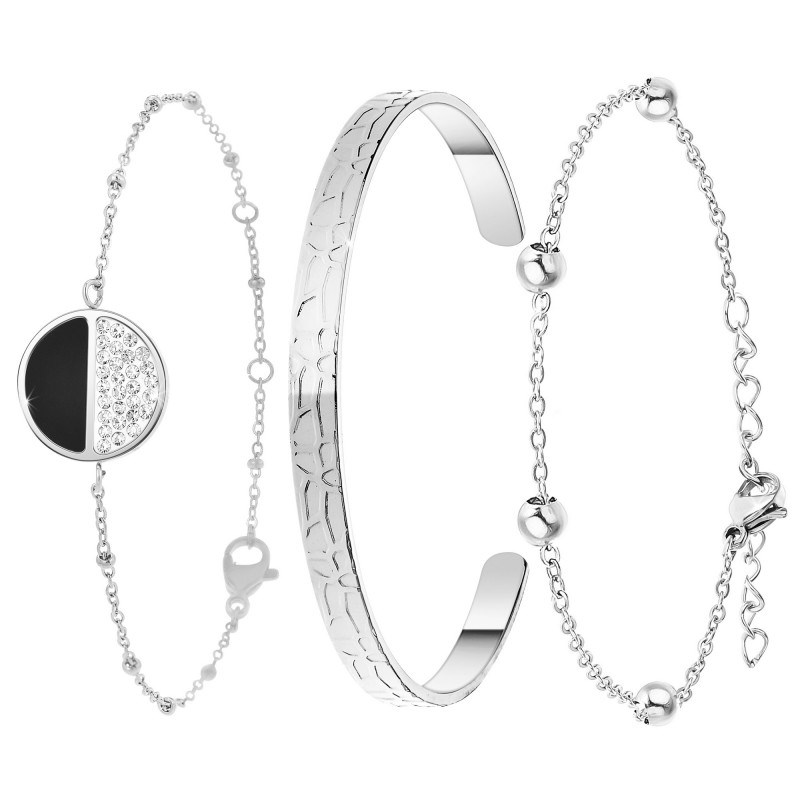Lot de trois bracelets argentés en acier inoxydable