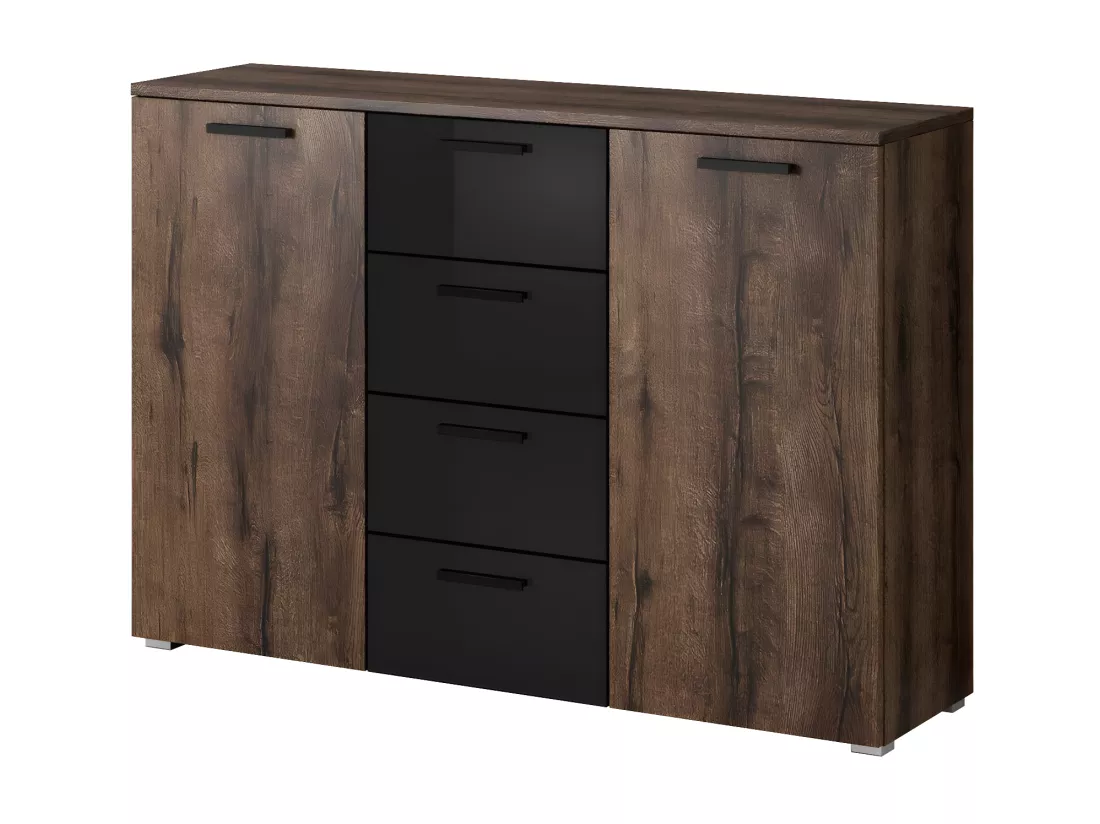 Chambre à coucher FLOYD : Armoire 220cm, Lit 180x200, commode, chevets. Couleur chêne foncé et noir brillant