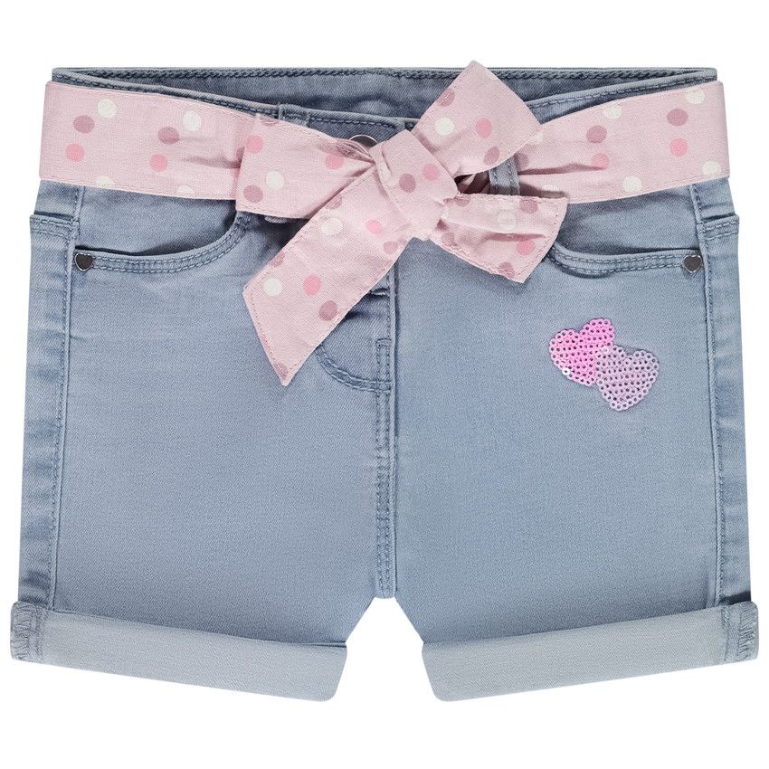 Short en denim avec ceinture foulard et coeurs en sequins pour bébé fille - Bleu