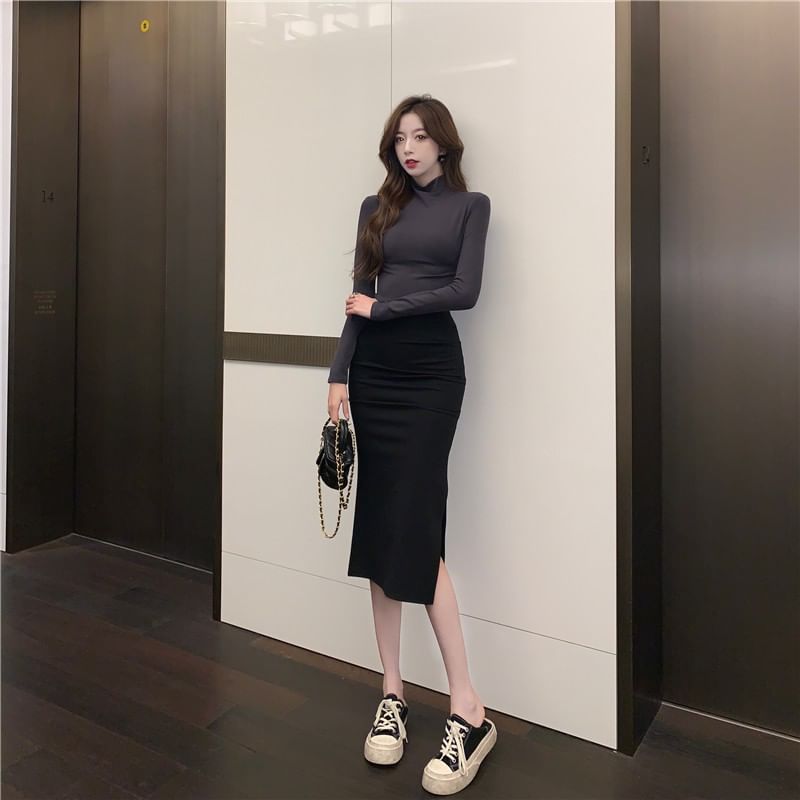 Aurora - Set: Lange mouwen coltrui effen slim fit crop T-shirt + hoge taille split midi kokerrok