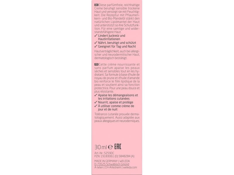 WELEDA Feuchtigkeitscrème Mandel Sensitive 30 ml Natürliche, parfümfreie Creme beruhigt sensible Haut und spendet Feuchtigkeit