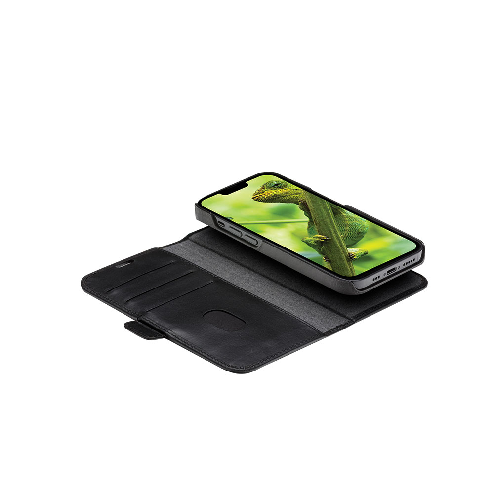 iPhone 14 Pro 2in1 Wallet Case Echtleder Tasche mit RFID Schutz Lynge (LY61GTBL1635) - Schwarz