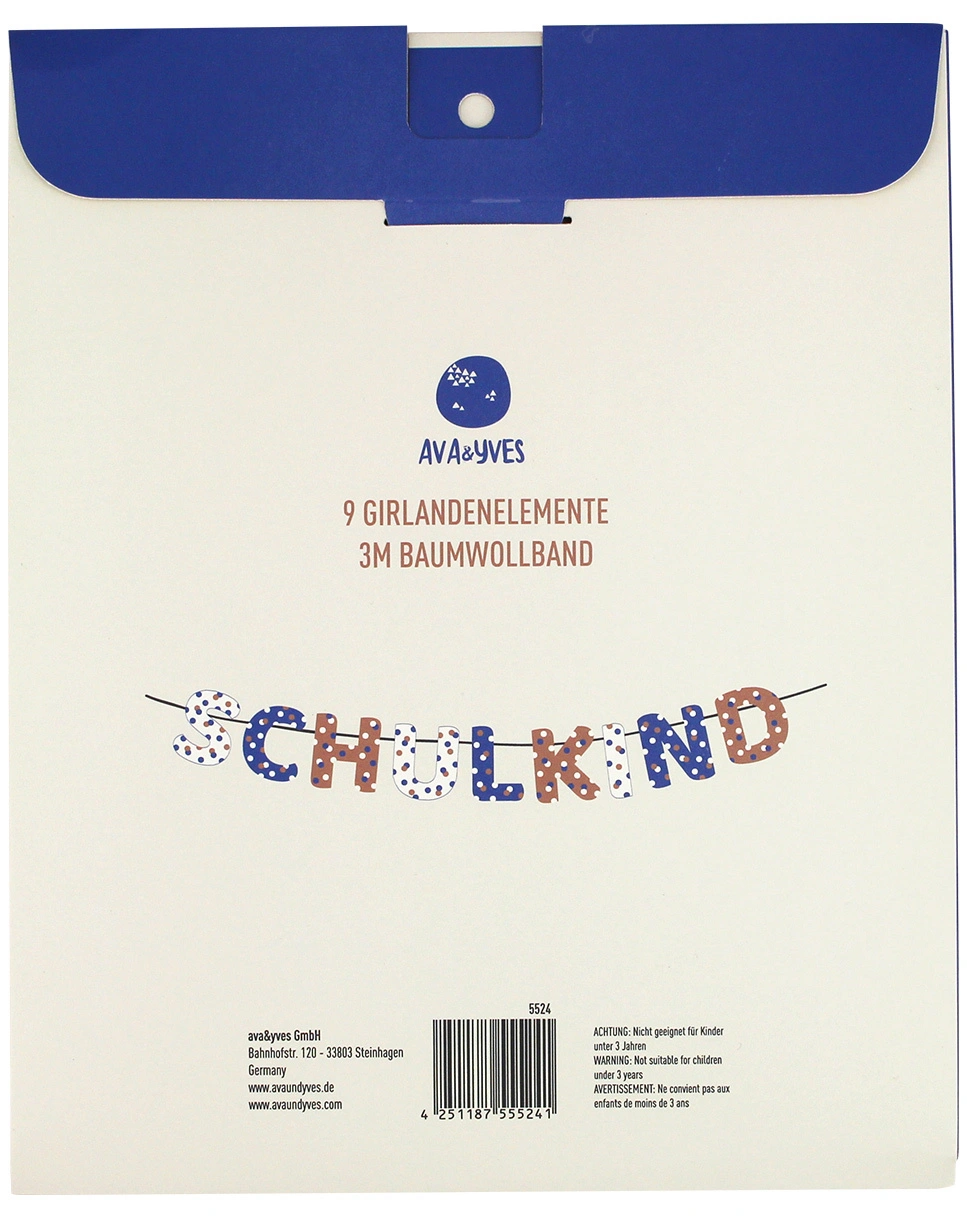 Girlande SCHULKIND (3m) gepunktet in weiß/blau/braun