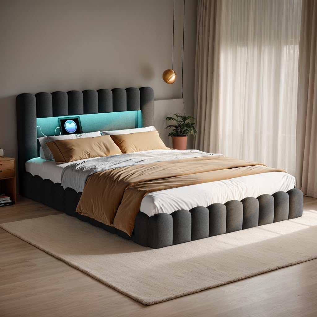 Polsterbett Bubble Bett 180x200 cm, Doppelbett Stauraumbett Jugendbett mit Bettkasten und Stauraum-Kopfteil, Funktionsbett (Grau + Leinen, 180x200cm)