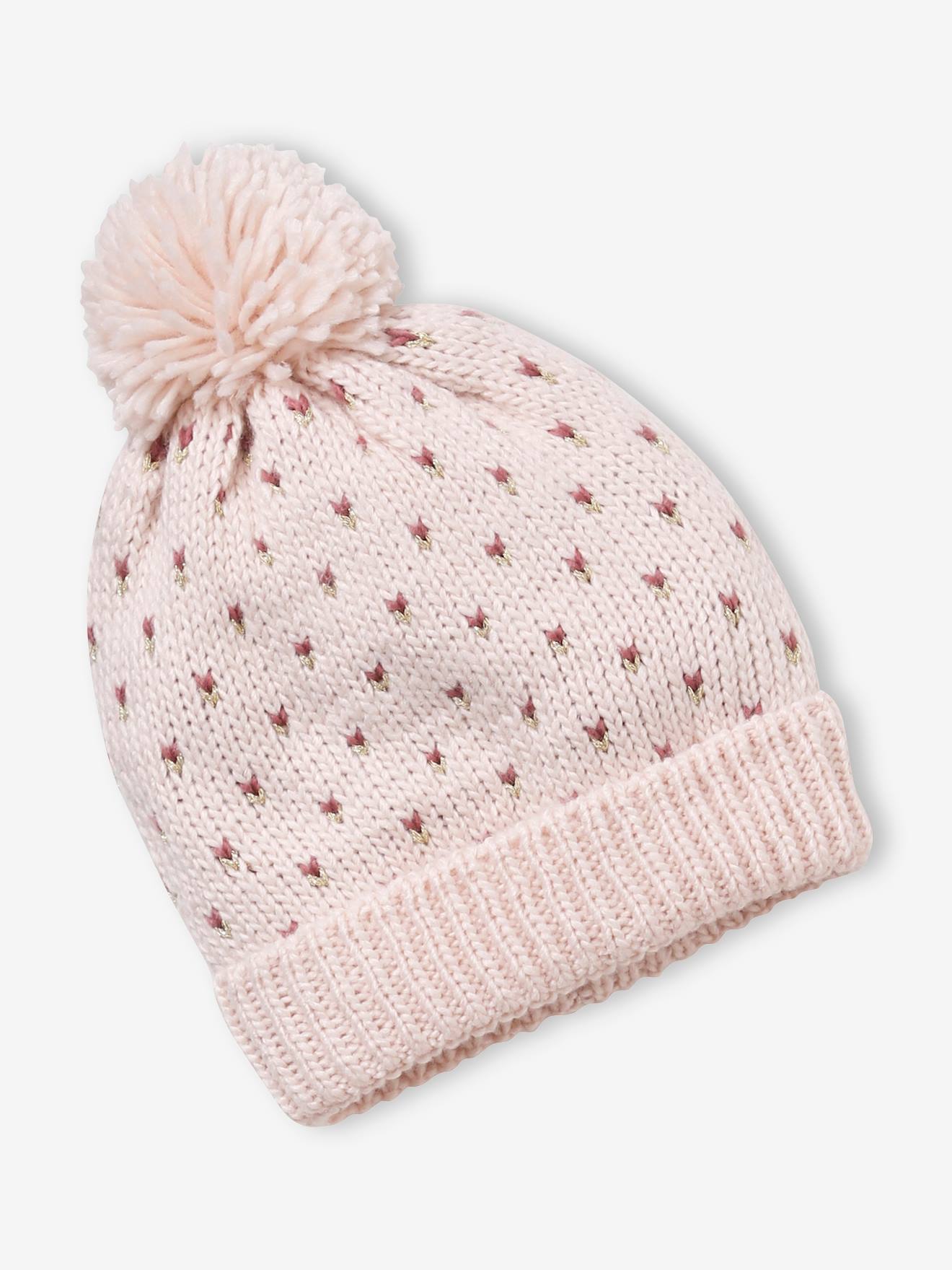 Conjunto de gorro, cachecol e luvas com estampa de corações em azul escuro, para meninas.