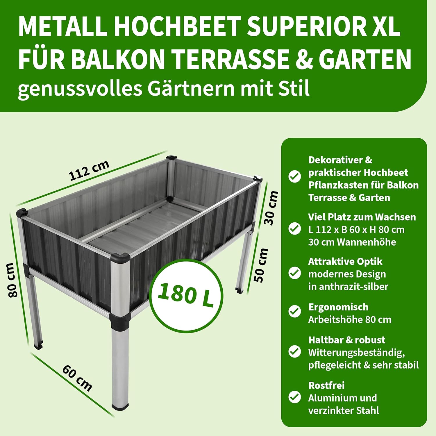 TTL GARDEN Superior XL 112x60x80cm Hochbeet aus Metall - Anthrazit-Silber Alu + Stahl verzinkt & lackiert - Frühbeet Pflanzkasten Kräuterbeet Blumenbeet Blumenkasten für Garten Balkon Terrasse