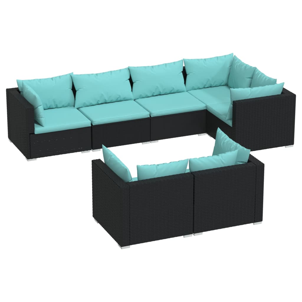 Salon de jardin meuble d'extérieur ensemble de mobilier 7 pièces avec coussins noir résine tressée