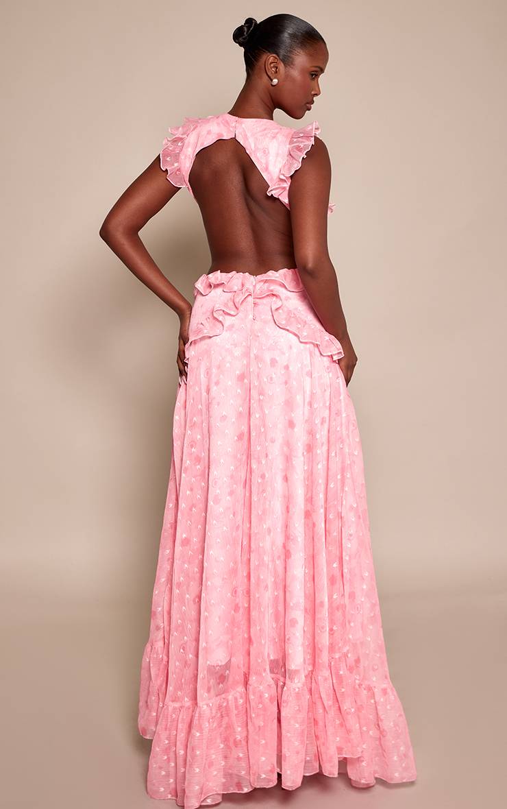 Rose Robe Longue À Volants Et Décolleté Plongeant