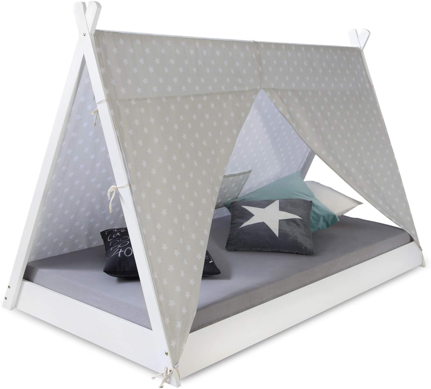Homestyle4u, Bodenbett Hausbett Kinderbett 90x200 Weiß Grau mit Sterne Montessori Bett mit Lattenrost für Kinder Tipibett Holz massiv