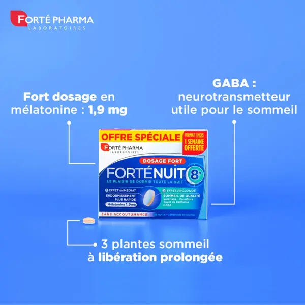 Forté Pharma FortéNuit Sleep 8h Melatonina 1900 Valeriana GABA 30 comprimidos