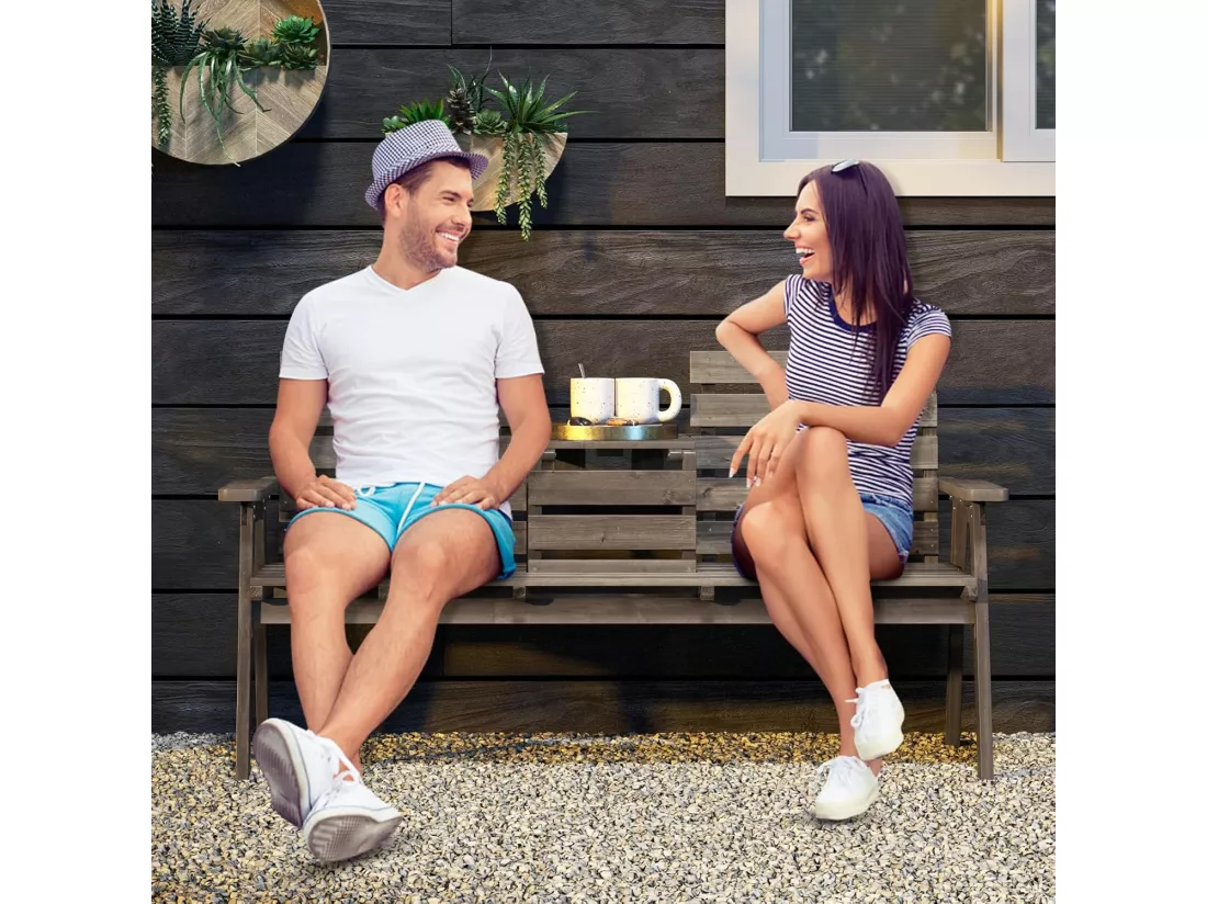 Banc de Jardin en Bois Massif, Banc d'Extérieur à 2 Places avec Table Centrale Pliable, Siège à Lattes pour Parc, Porche, Cour, Charge 320 KG, 160 x 64 x 86 CM (L x l x H), Brun