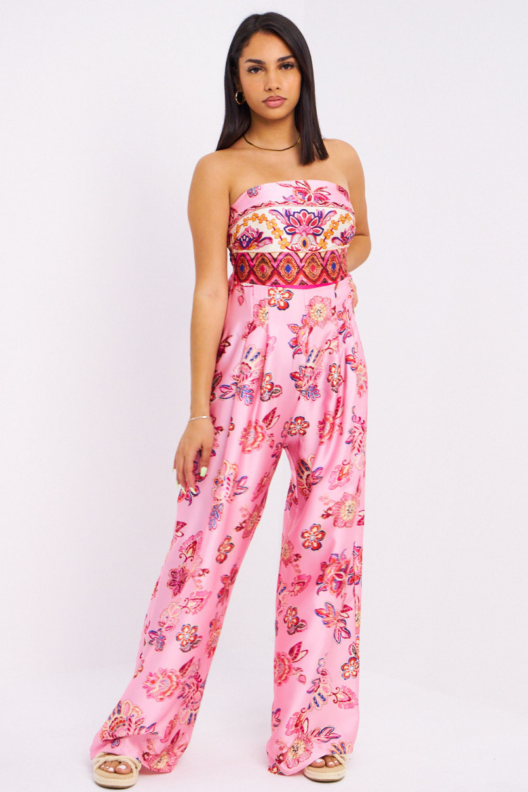 Combinaison pantalon rose bustier à fleurs