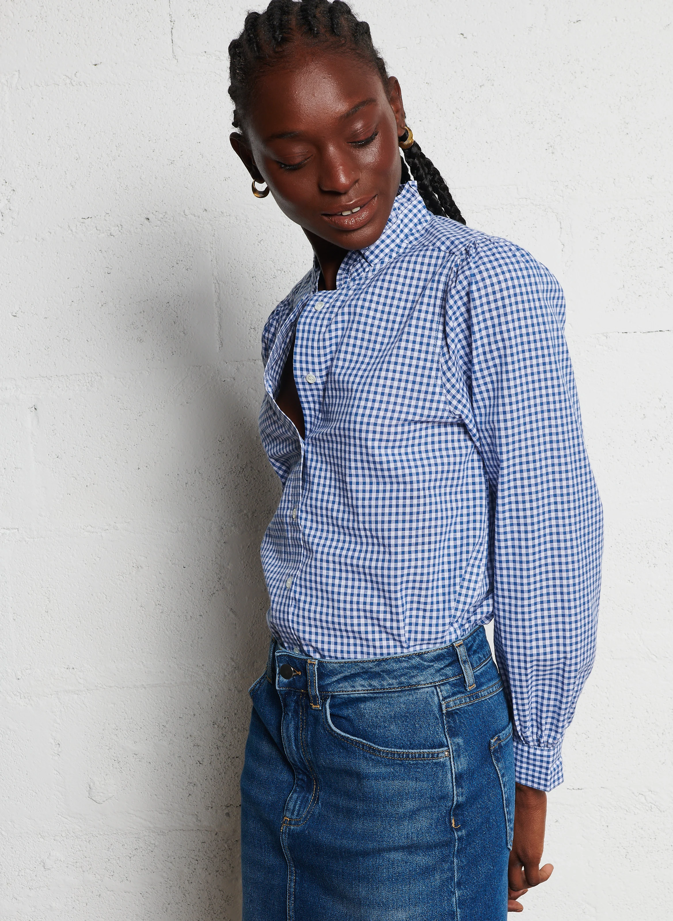 BENEDICTE - Chemise col montant à volants en coton | Bleu