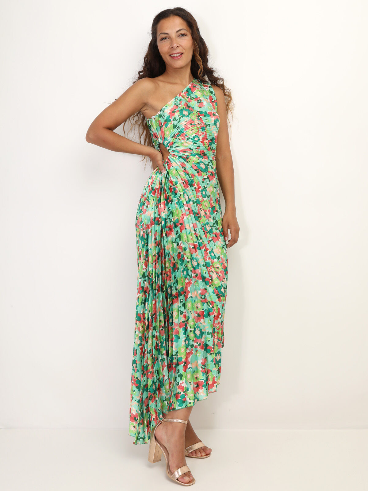 Robe plissée et asymétrique à fleurs- Vert