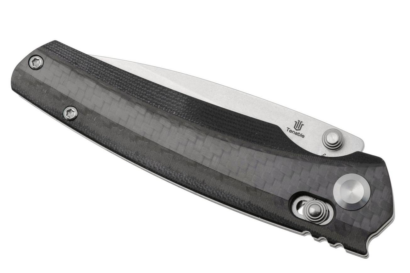 Tenable Knives Raven T2109V1 Stonewashed 14C28N, Twill Carbon Fiber, zakmes, Black Bird Blades design