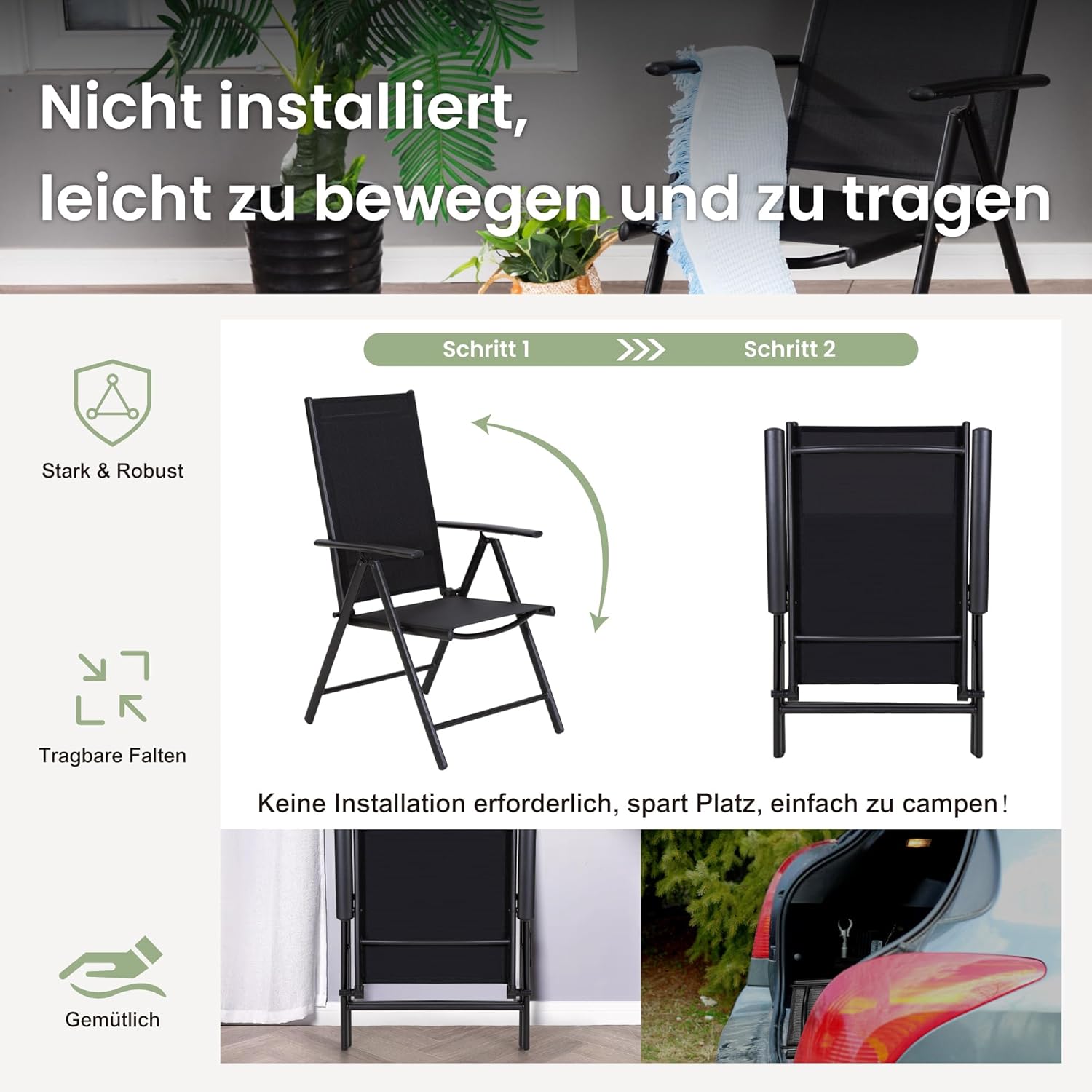 PHI VILLA Gartenmöbel Set Balkonmöbel Gartentisch mit Stühlen152×90 Metall Gartentisch 7-Fach Verstellbar Hochlehner Klappbar Sets of 6, Terassenmöbel Außen Wetterfest Schwarz