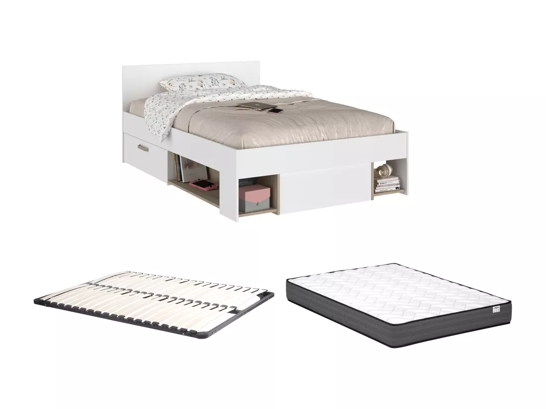 Lit 120 x 190/200 cm avec rangements - Blanc et naturel + Sommier + Matelas - KINSELIA