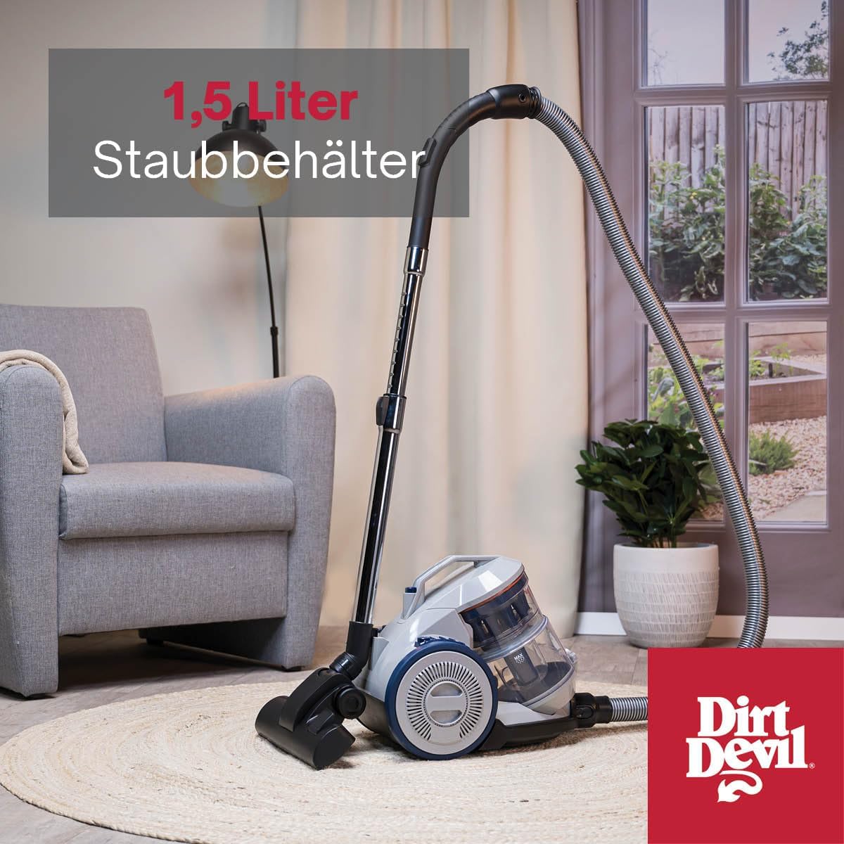 Dirt Devil Staubsauger ohne Beutel DD2501 - Bodenstaubsauger 850W - HEPA 12 Filter - 7.5M Reichweite - mit Combibrush, Versenkter Bürste und Parkettbürste - 5.5KG - Staubsammelbox 1.5L - Grau/Bl