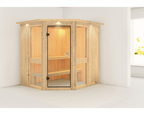 Elementsauna Karibu Omelia 1 zonder oven, met dakkroon en gebronsde volledig glazen deur