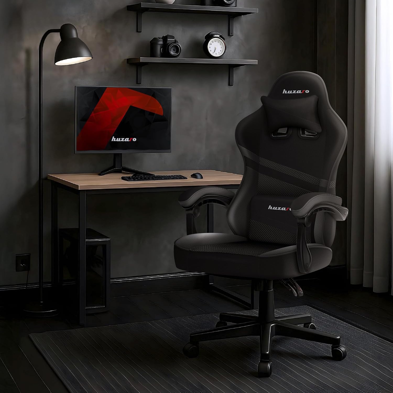 huzaro Force 4.4 Carbon | Gaming Stuhl PC Bürostuhl Schreibtischstuhl Ergonomischer Gamer | bis 130 kg belastbar | Kopfstütze Lendenkissen | Stoff Kunstleder | Schwarz Höhenverstellbar Wippfunktion