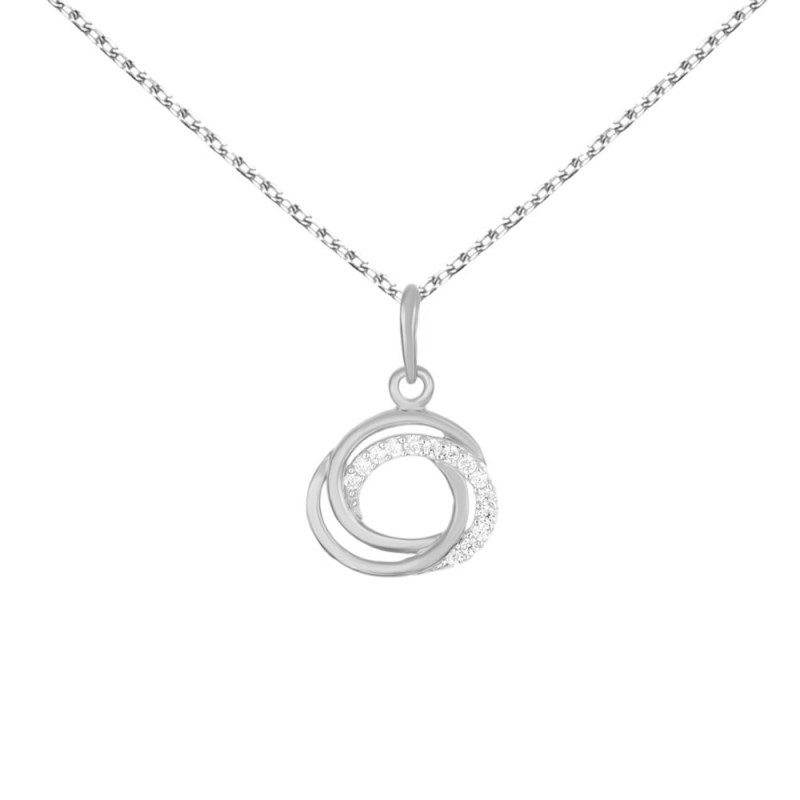 Collier - Pendentif Or Blanc Anneaux Enlacés Sertis de Zirconiums - Chaine Argentée - Femme