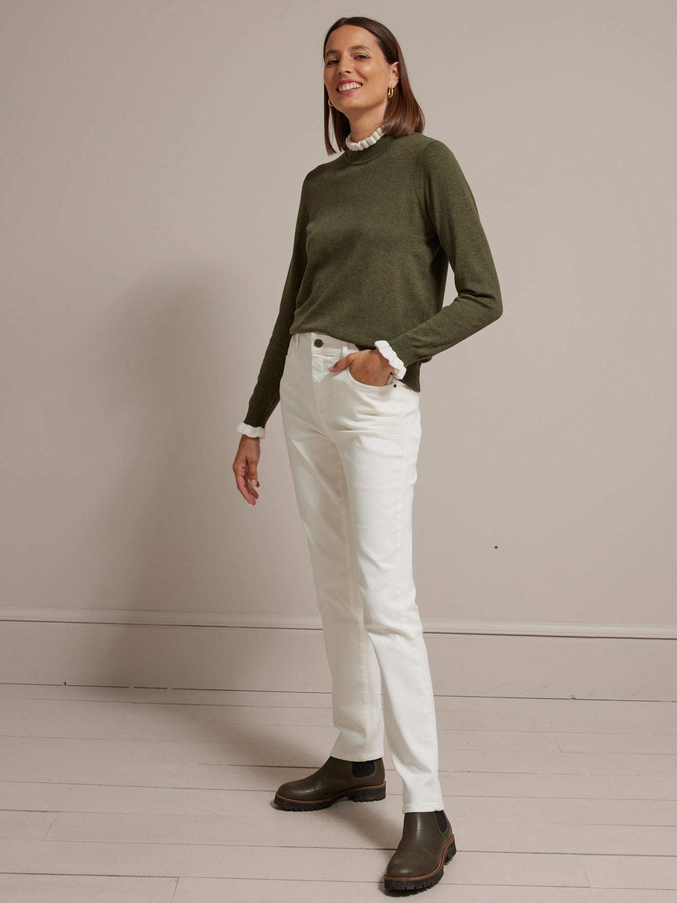 Pull col volanté femme laine mérinos RWS*
