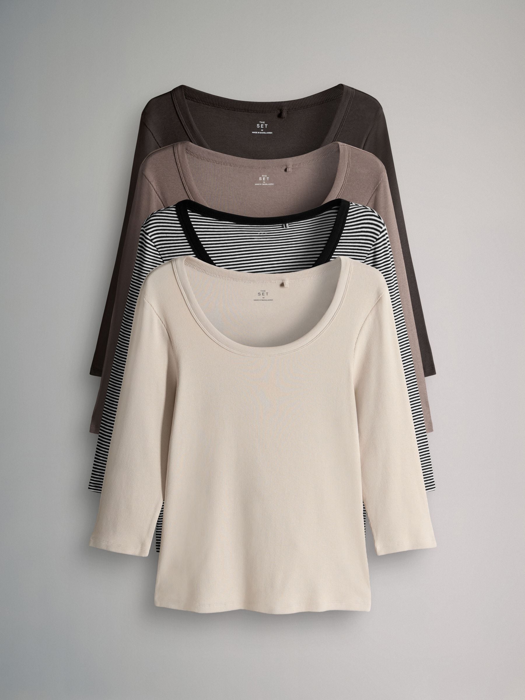 Stripe/Chocolate/Taupe Brown/Stone - The Set 4 Pack Scoop Neck 3/4 Sleeve Ribbed T-Shirts