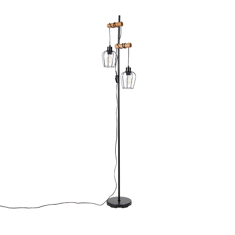 Landelijke vloerlamp zwart met hout 2-lichts - Stronk