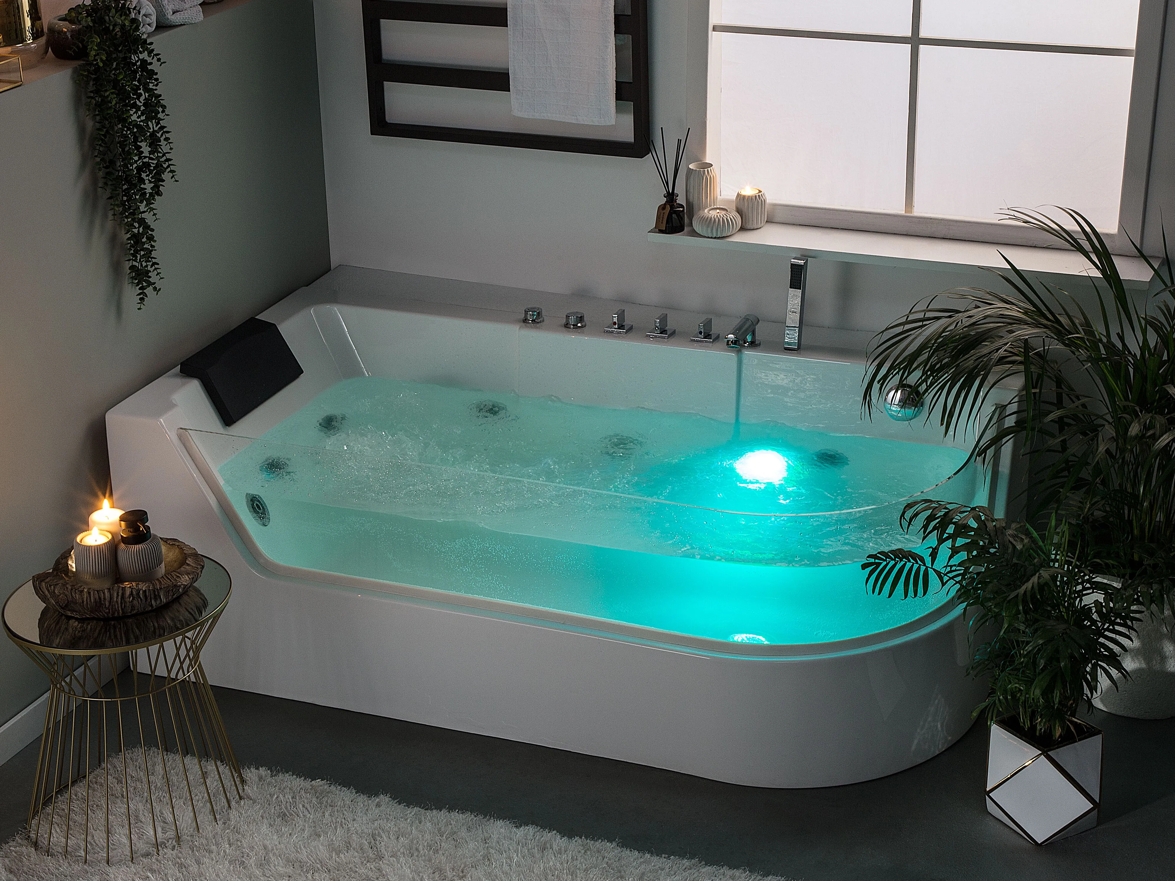 Hoek bubbelbad met LED ACUARIO rechtszijdig 170 x 80 cm Wit
