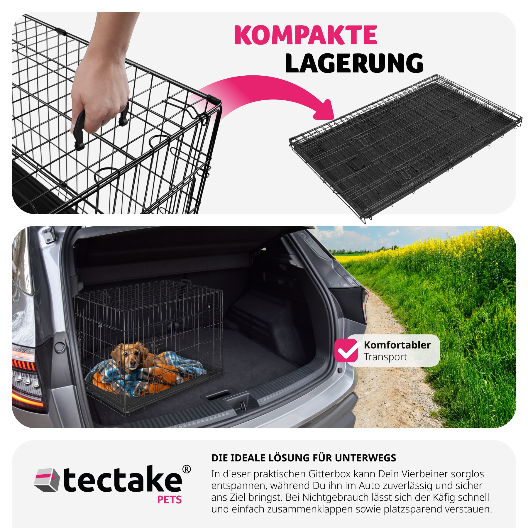 tectake® Hundekäfig-Gitterbox, klappbar, mit 2 Tragegriffen, 2 große Türen mit Doppelverriegelung, herausnehmbarer Boden, abgerundete Ecken