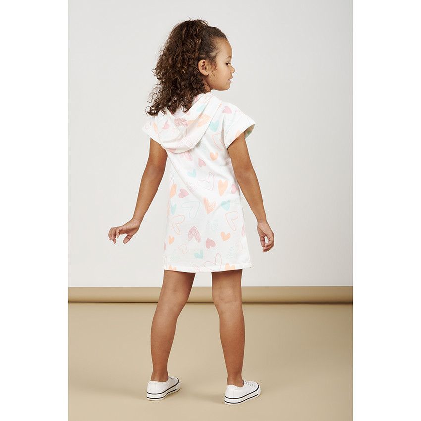 Robe manches courtes à capuche imprimé cœurs pour fille - Ecru