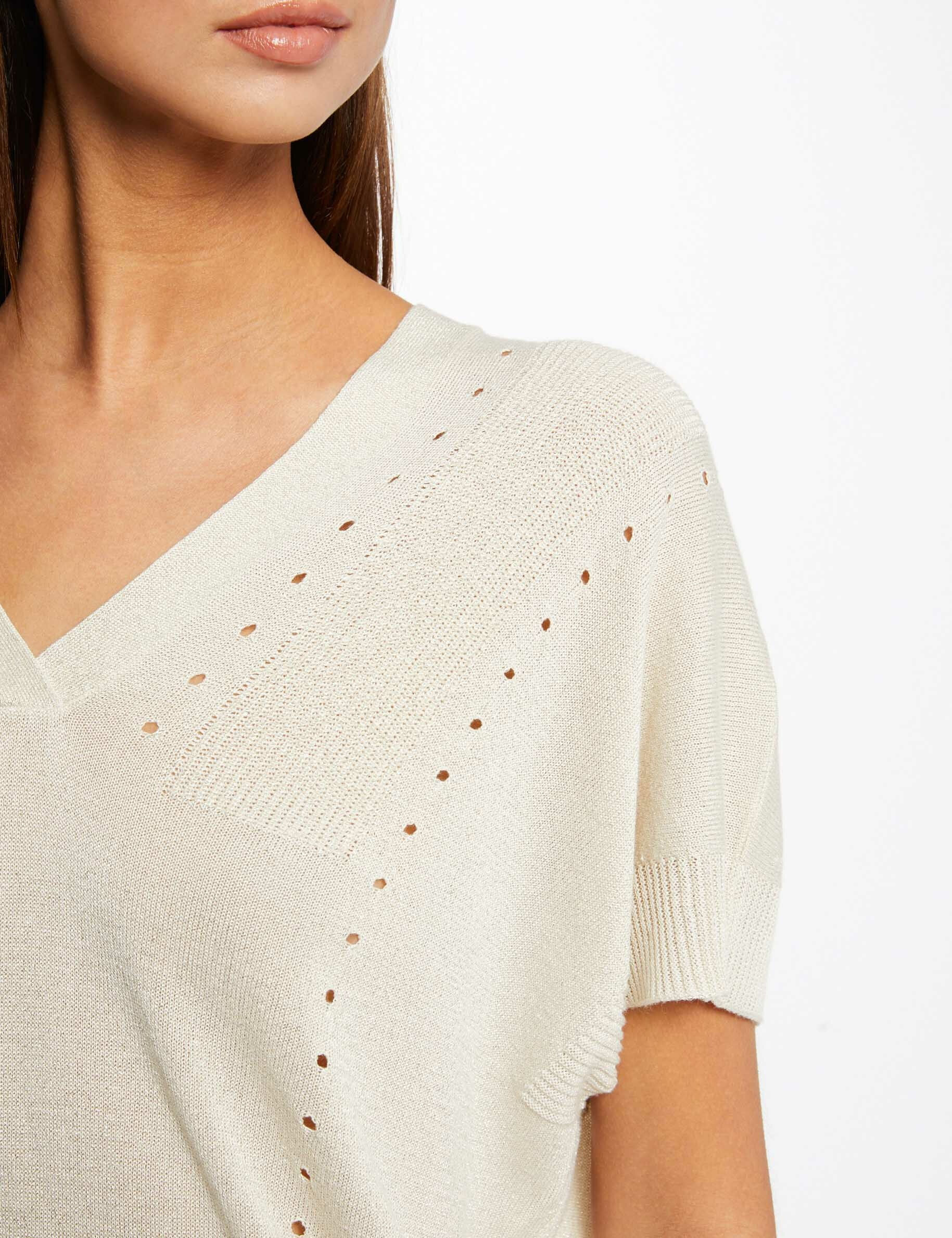 Pull manches courtes à col en V beige femme - beige