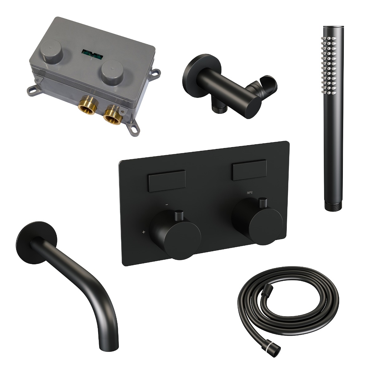 Brauer Black Edition thermostatische inbouw badkraan met uitloop en staafhanddouche set 3 zwart mat