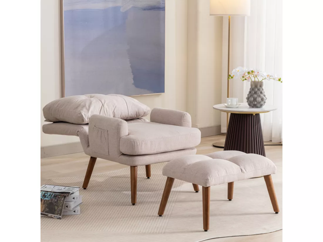 Chaise longue avec repose-pieds, dossier réglable sur 10 niveaux, inclinable, chaise avec étagère latérale-beige