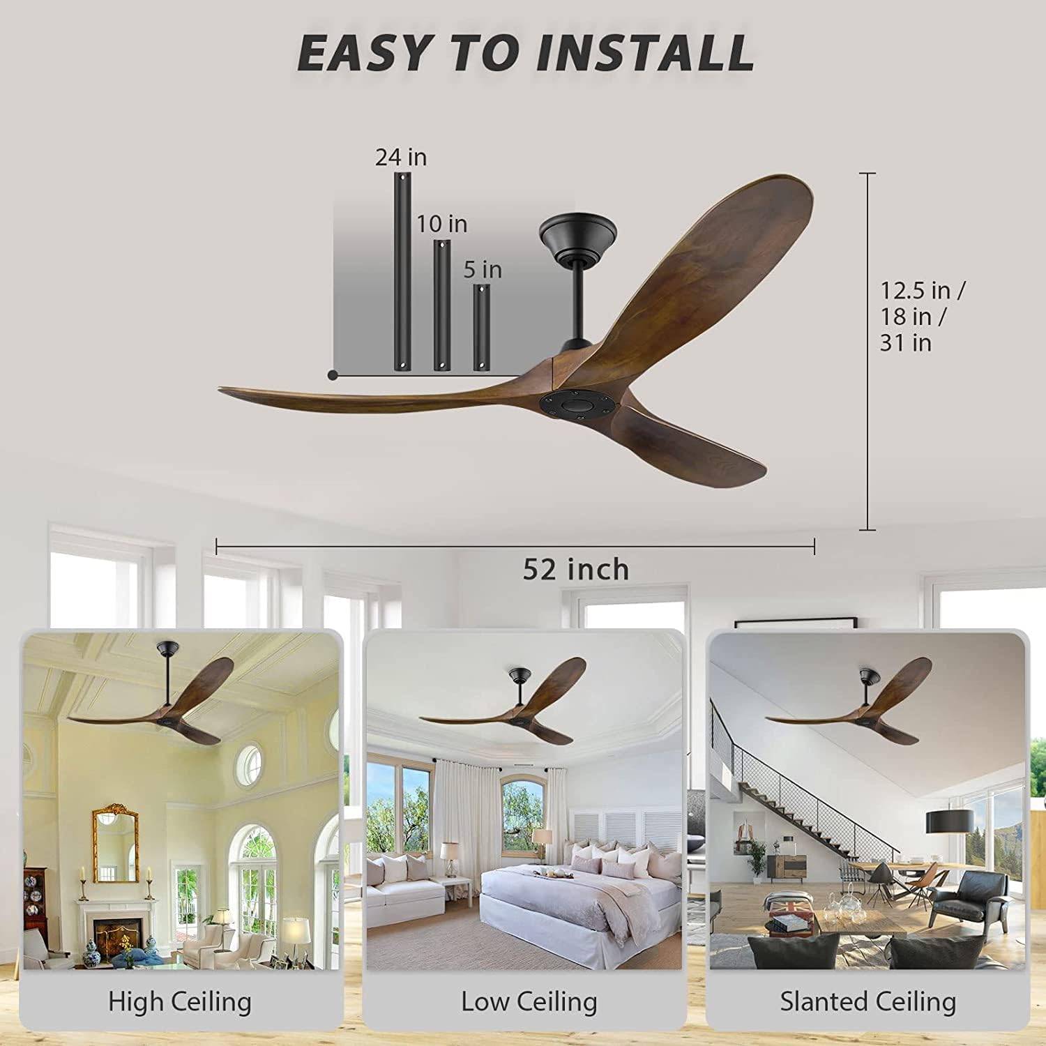 132 cm Deckenventilator mit Fernbedienung, 3-Blatt-Deckenventilator für den Außenbereich mit Holzpropeller ohne Licht für Terrassen, Gleichstrommotor, 1-8-Stunden-Timing, Schwarz + Walnuss