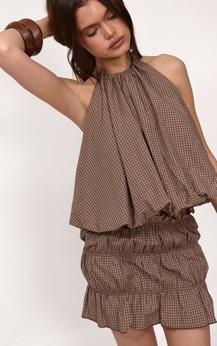 Marron Ensemble Jupe À Carreaux Avec Volants