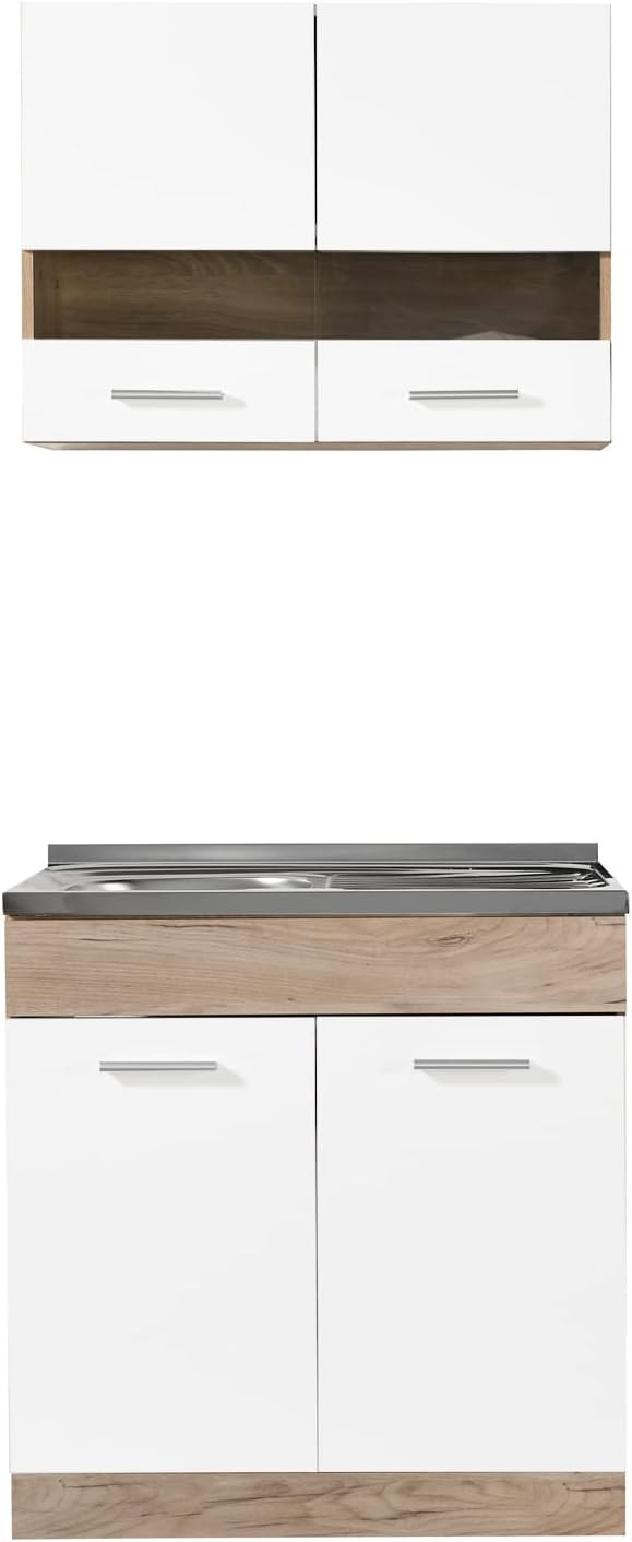 Homestyle4u 2323, Küche Küchenzeile Küchenblock Eiche Holz Weiß Einbauküche Single Küchen Schränke 80 cm