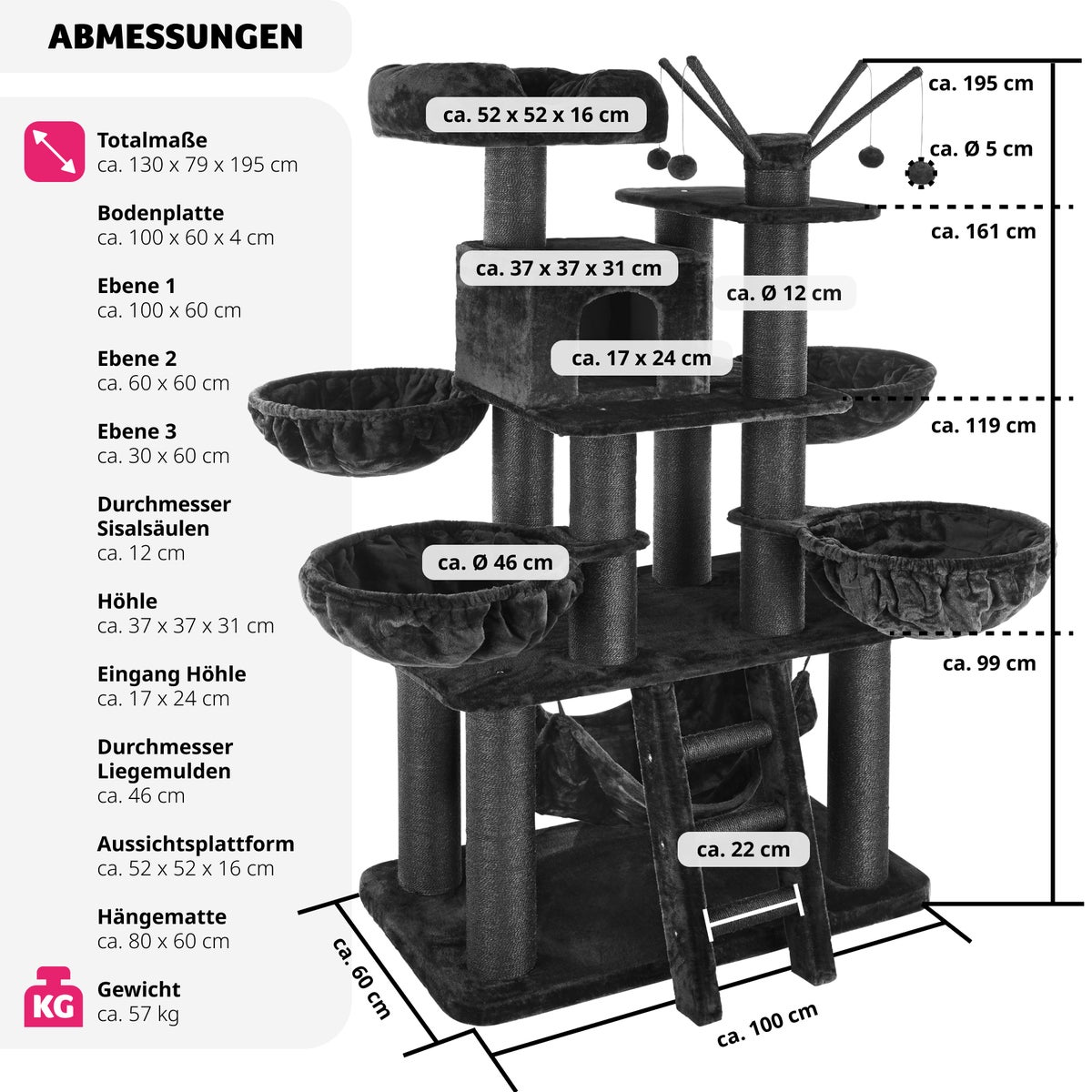 tectake Gismo 195 cm kattenboom inclusief trap, 4 speelballen en anti-kantelvoorziening