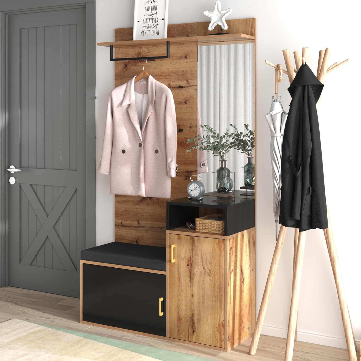 Garderoben-Set, Flurgarderobe mit Sitzbank & Spiegel, Garderobe mit Schuhschrank, Kompaktgarderobe mit 6 goldenen Kleiderhaken, Kissen, oberes Ablagefach, 105*40*190.5cm Holzfarbe & Schwarz