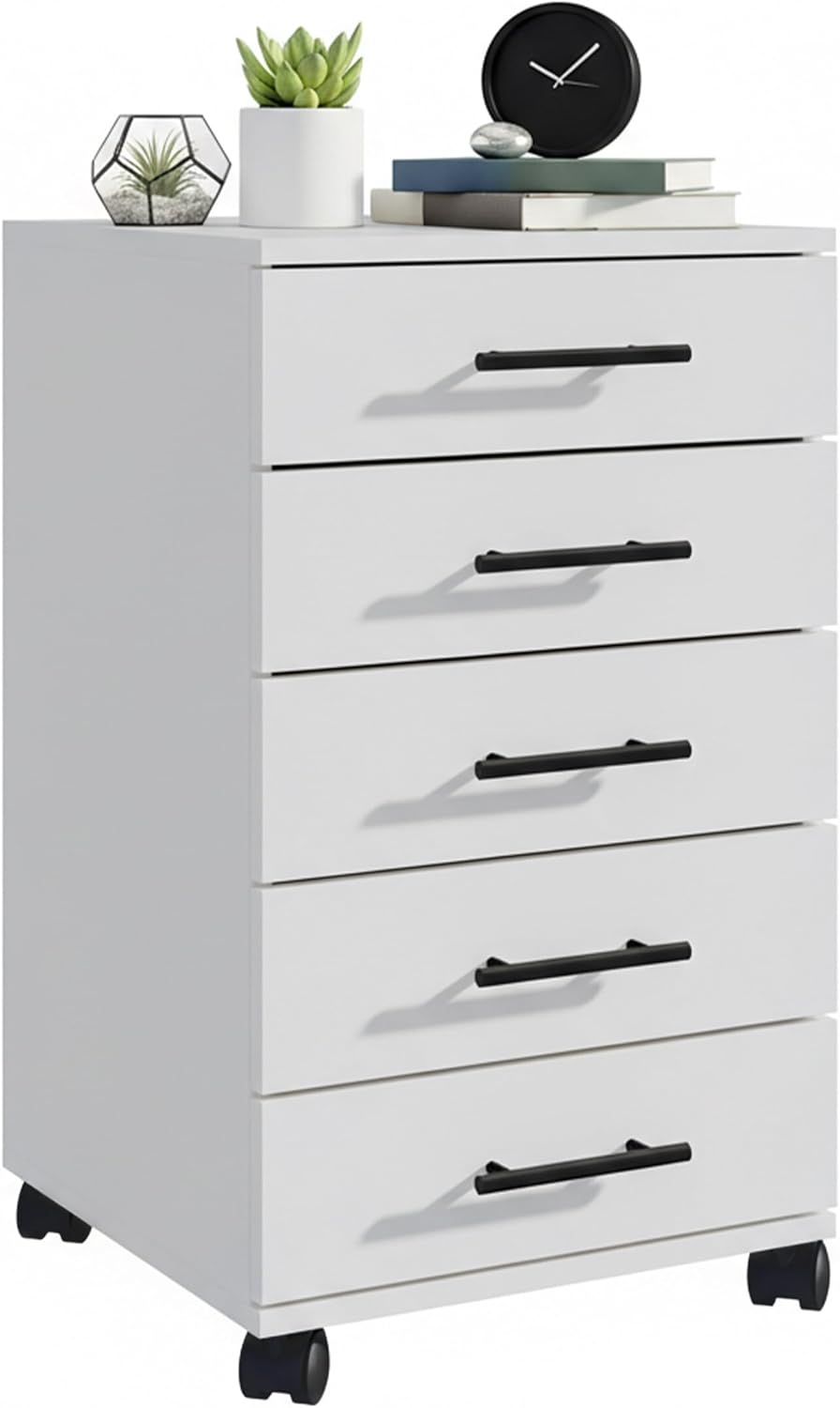 Relaxdays Rollcontainer, 5 Schubladen, HxBxT: 69 x 40 x 40 cm, Aktenschrank auf Rollen, Bürocontainer Schreibtisch, weiß